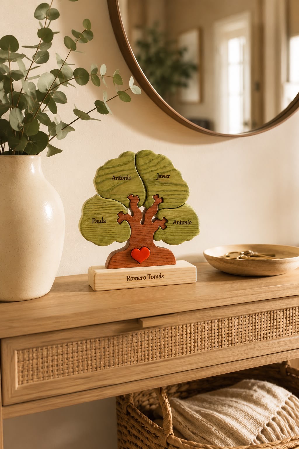Árbol de madera con nombres y mensaje en la base