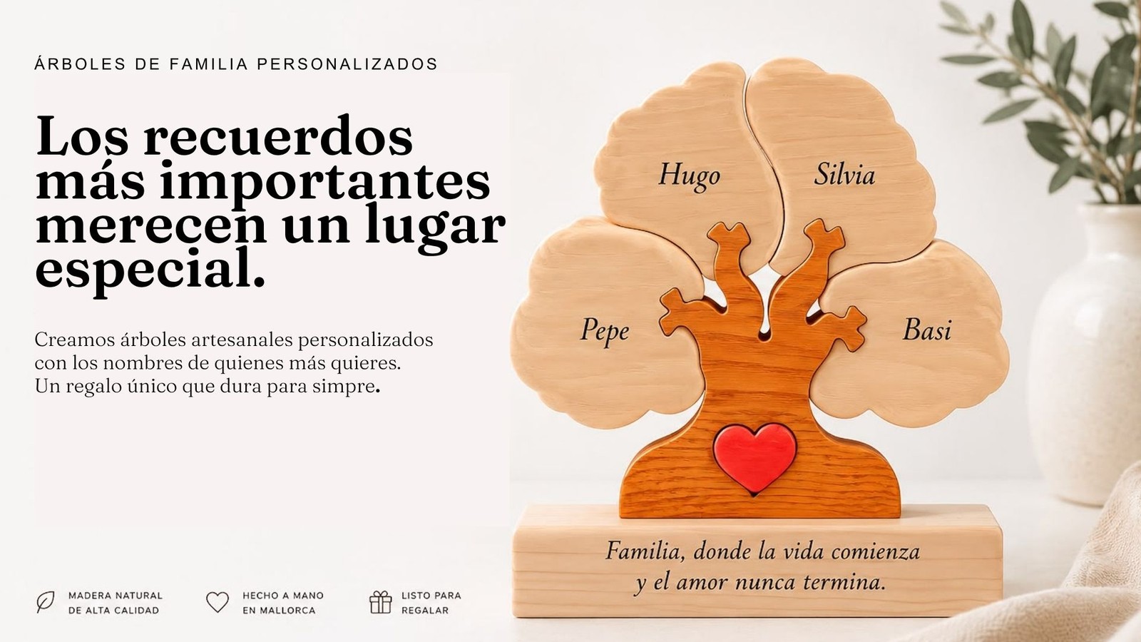Aires del Sur — árboles de familia personalizados. Los recuerdos más importantes merecen un lugar especial. Madera natural de alta calidad, hecho a mano en Mallorca, listo para regalar.